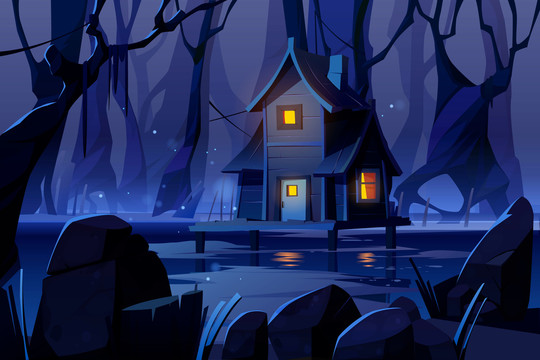 夜晚森林小屋插图