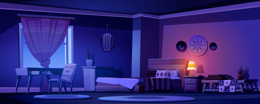 夜间紫色调 宽敞卧室插图