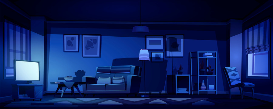 蓝色调夜间客厅插图