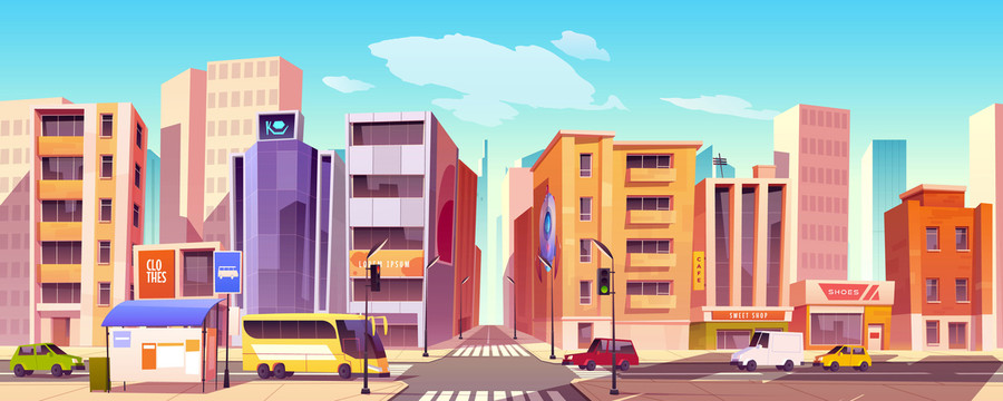 现代城市街景卡通插图
