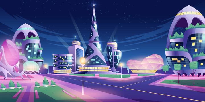 夜间科幻建筑城市插图