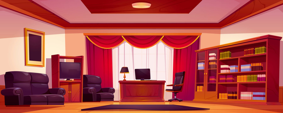 红色落地窗帘 办公室空间插图