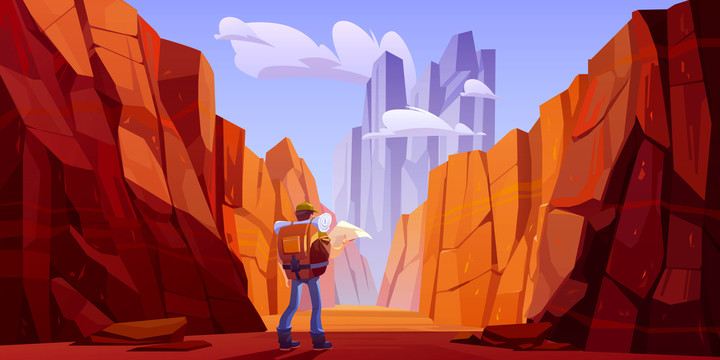 旅人寻路于岩石山壁间插图