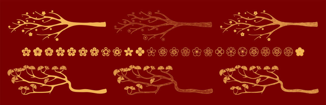 红金色中式花卉树枝元素