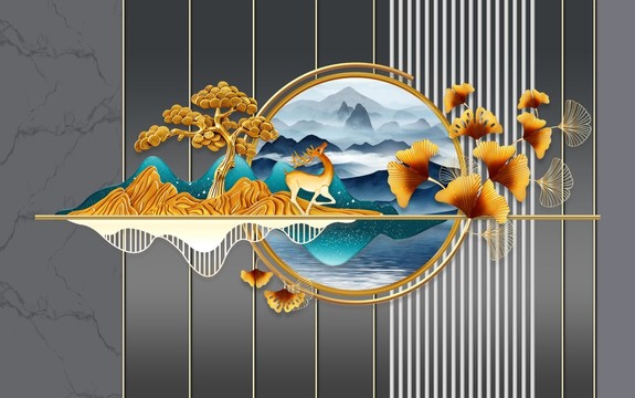 银杏叶山水画背景墙