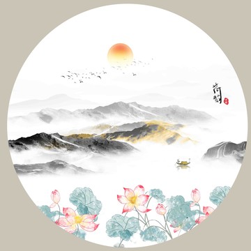 山水荷花装饰画