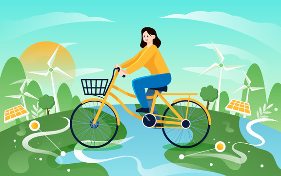 绿色环保低碳生活女孩骑车插画