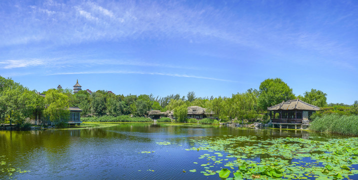 天津宁园中式园林湖景全景图