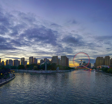 天津之眼晚霞天津城市风光夜景