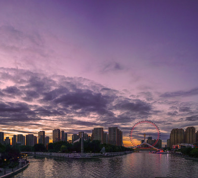 天津之眼晚霞天津城市风光夜景