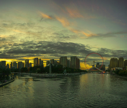 天津之眼夜景天津城市风光晚霞