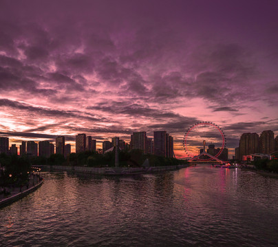 天津之眼夜景天津城市夕阳晚霞