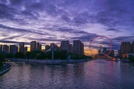 天津之眼夜景天津城市风光晚霞