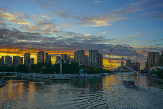 天津之眼夜景天津城市夕阳晚霞