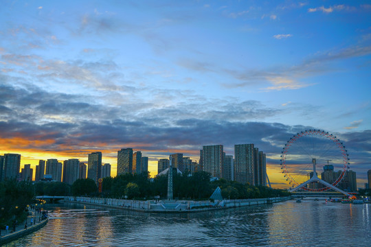 天津之眼夜景天津城市夕阳晚霞