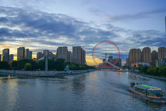 天津之眼夜景天津城市夕阳晚霞