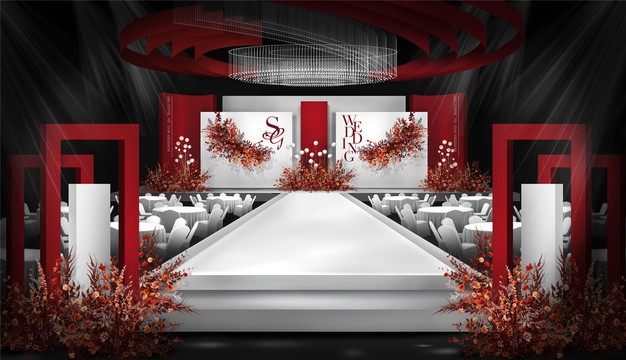 秀场风红白色婚礼舞台设计