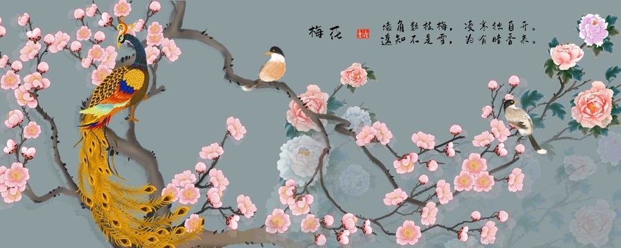 梅花工笔花鸟壁画