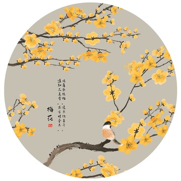 水彩圆形梅花壁画