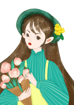 手绘插画手抱花束的绿衣女孩