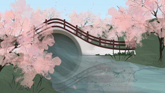 古桥樱花树插画