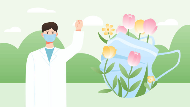 春季疫情医生和花朵缠绕着口罩