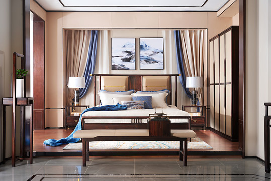 中式红木大床床头柜床尾凳