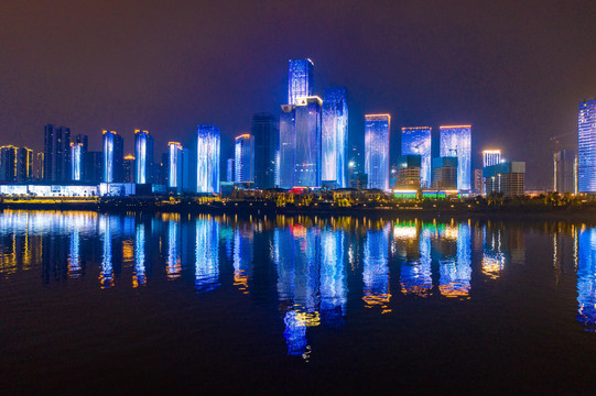 航拍湖南长沙城市夜景风光