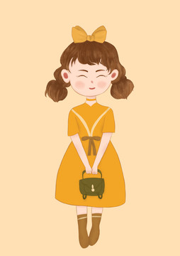 儿童插画可爱黄裙子提包女孩