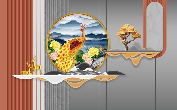 孔雀牡丹山水画背景墙
