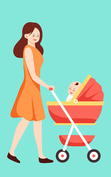 母亲节妈妈推着婴儿车散步插画