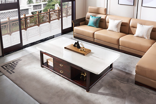中式家具红木真皮沙发茶几