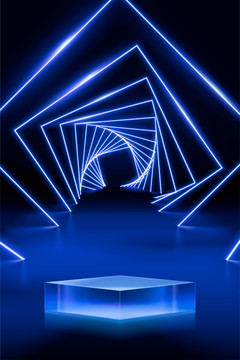 未来感3D霓虹蓝色方形旋转灯管舞台