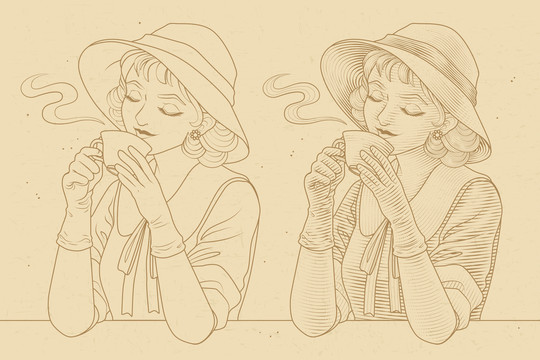 1920 时尚女子喝咖啡复古风插画