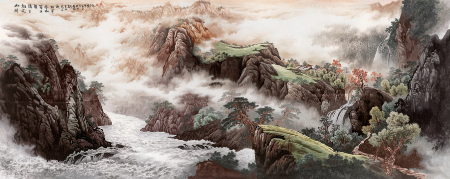 横幅刺绣山水国画