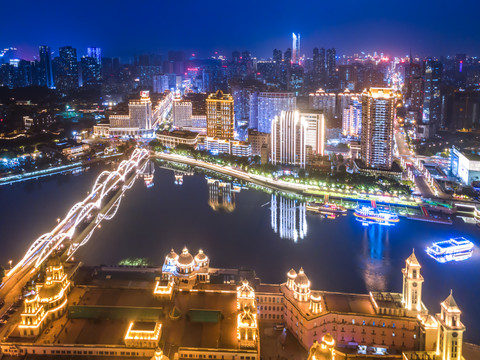 航拍福州城市建筑夜景