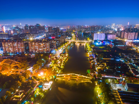 航拍杭州京杭运河拱宸桥夜景