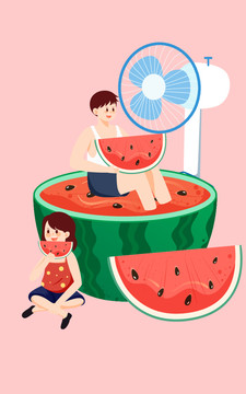 夏天小孩窗户乘凉立夏节气插画