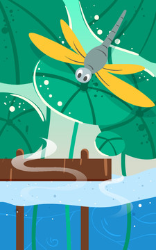 立夏节气小孩蜻蜓互动夏天插画