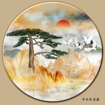 圆形迎客松水墨山水画