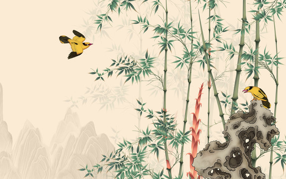 竹子假山背景墙花鸟