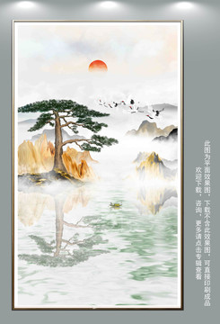 迎客松竖幅山水画