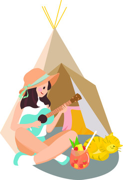 帐篷前戴帽子弹吉他的女孩和猫