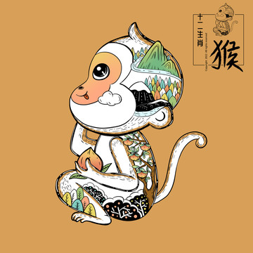 十二生肖猴年水蜜桃包装插画
