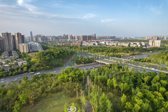 成都天府新区麓湖航拍城市风光