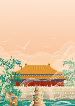 北京故宫古建筑插画背景竖版