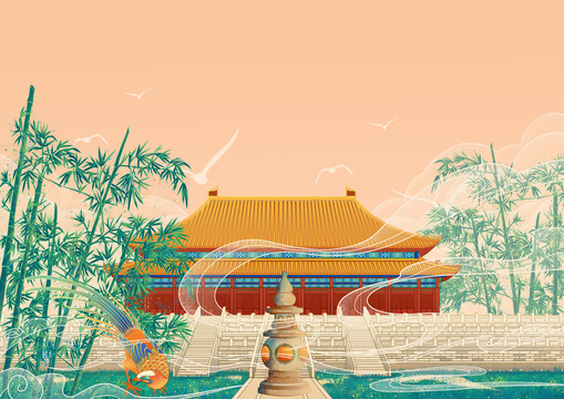 北京故宫古建筑插画背景横版