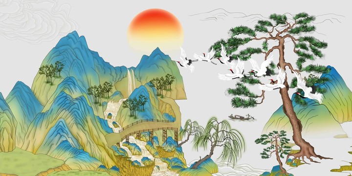 新中式国潮山水装饰背景