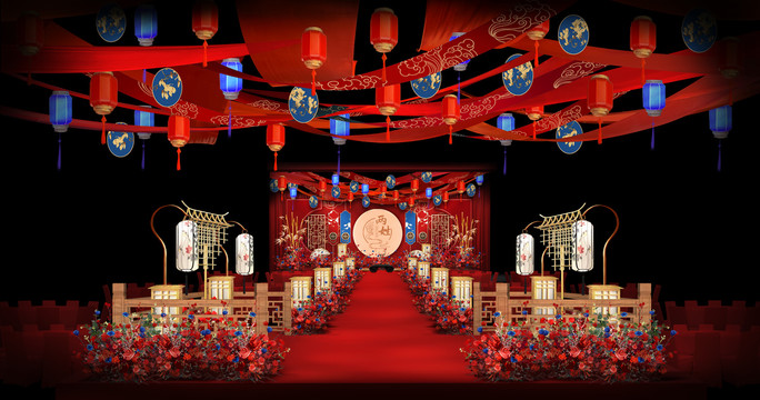 中式红蓝仪式区婚礼手绘效果图