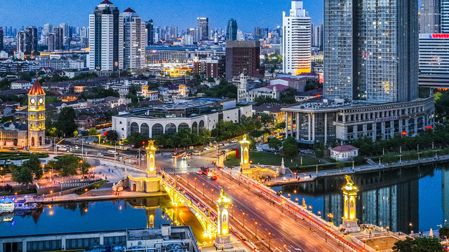 天津海河沿线夏季夜景航拍